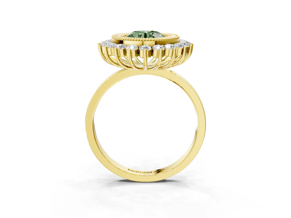 Yellow gold Fancy Green Round  Halo Diamond Ring with Milgrain Edge and Round Prong Setting