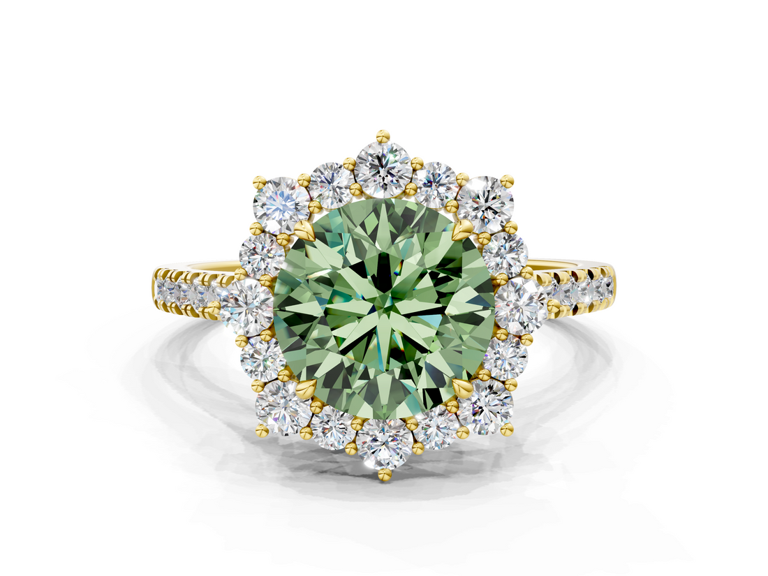 Yellow gold Fancy Green Round  Halo Diamond Ring with Pavé Band and Prong Setting_37