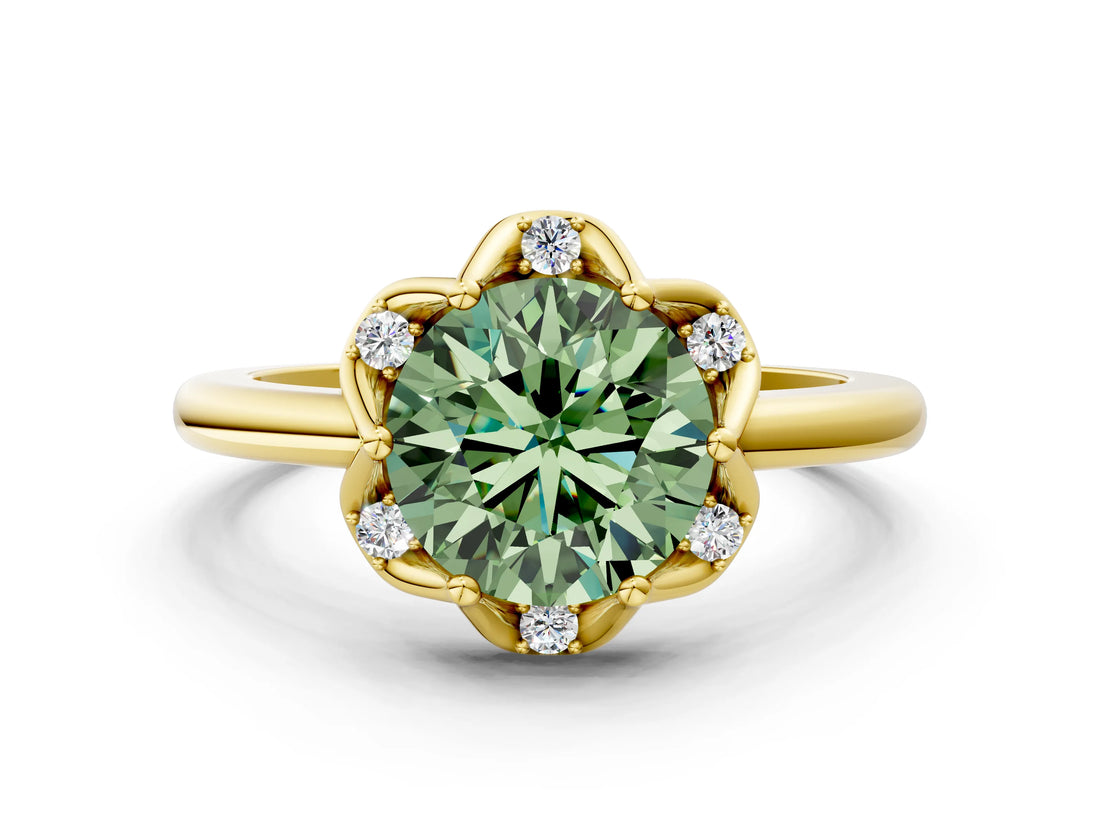 Yellow gold Fancy Green Round  Halo Diamond Ring with Round Cluster Setting, Solitaire Band, and Four-Prong Setting_49