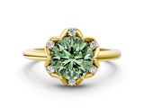 Yellow gold Fancy Green Round  Halo Diamond Ring with Round Cluster Setting, Solitaire Band, and Four-Prong Setting_49