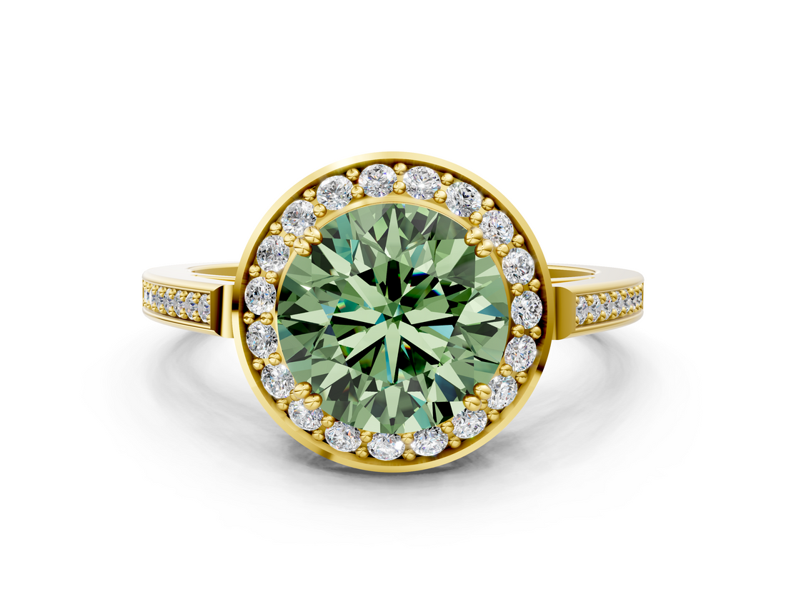 Yellow gold Fancy Green Round  Halo Diamond Ring with Split Shank and Four-Prong Setting_45