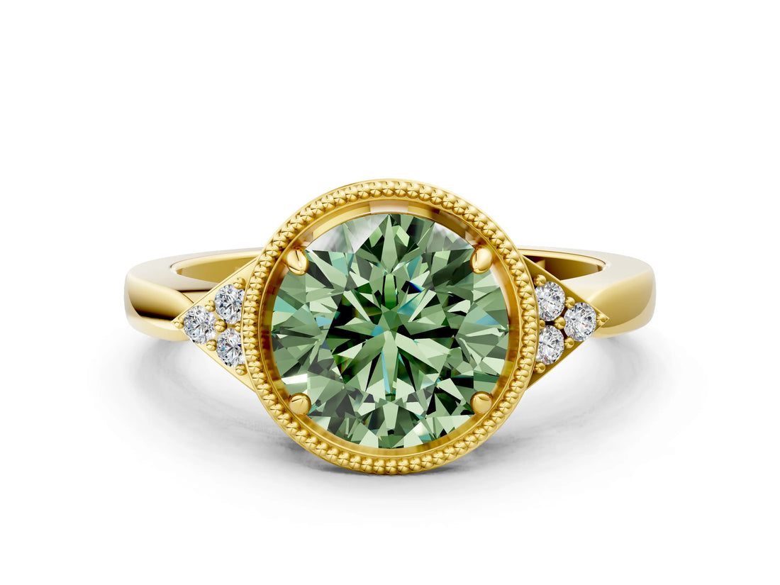 Yellow gold Fancy Green Round  Halo Diamond Ring with Tapered Band and Four-Prong Setting_7