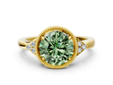 Yellow gold Fancy Green Round  Halo Diamond Ring with Tapered Band and Four-Prong Setting_7