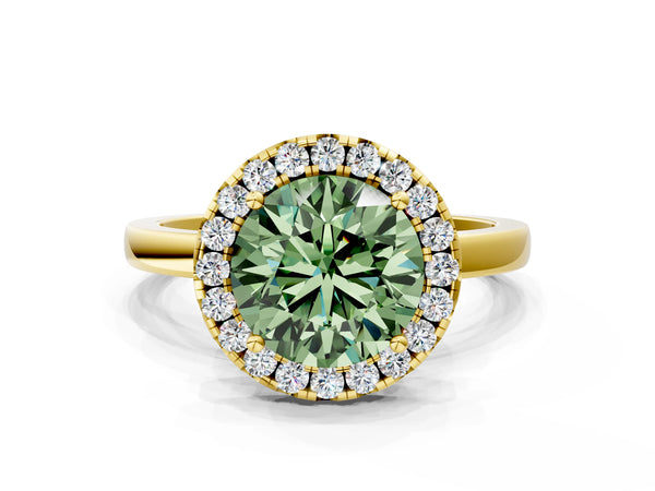 Yellow gold Fancy Green Round  Halo Diamond Solitaire with Pavé Band and Four-Prong Setting