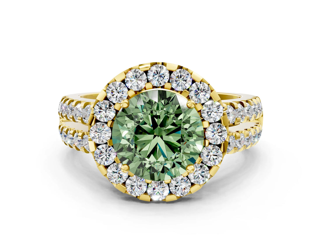 Yellow gold Fancy Green Round  Halo Diamond Split Shank Engagement Ring with Prong Setting_122