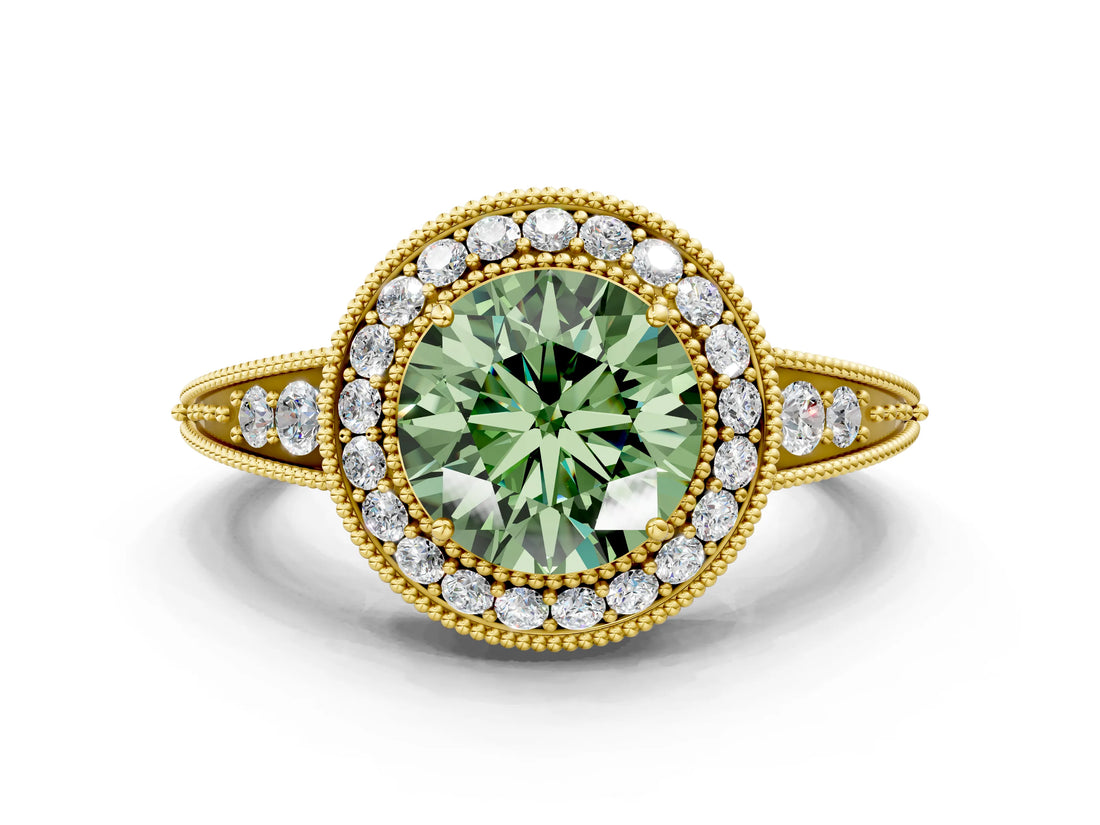 Yellow gold Fancy Green Round  Halo Diamond Split Shank Ring with Milgrain Detail_48