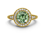 Yellow gold Fancy Green Round  Halo Diamond Split Shank Ring with Milgrain Detail_48