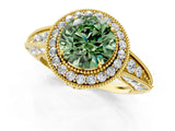 Yellow gold Fancy Green Round  Halo Diamond Split Shank Ring with Milgrain Detail_49