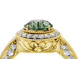 Yellow gold Fancy Green Round  Halo Diamond Split Shank Ring with Milgrain Detail_52