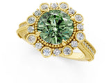 Yellow gold Fancy Green Round  Halo Milgrain Pave Diamond Ring with Four-Prong Setting 1
