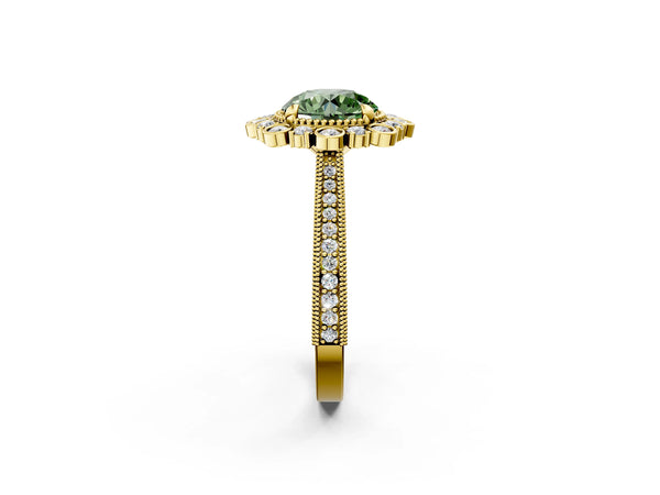 Yellow gold Fancy Green Round  Halo Milgrain Pave Diamond Ring with Four-Prong Setting