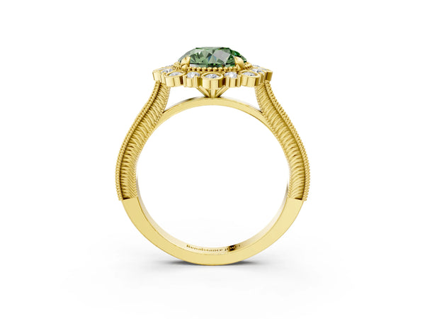 Yellow gold Fancy Green Round  Halo Milgrain Pave Diamond Ring with Four-Prong Setting