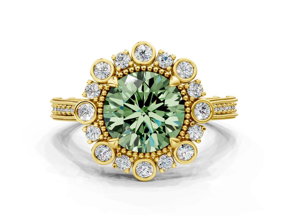 Yellow gold Fancy Green Round  Halo Milgrain Pave Diamond Ring with Four-Prong Setting