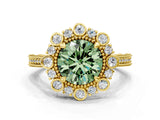 Yellow gold Fancy Green Round  Halo Milgrain Pave Diamond Ring with Four-Prong Setting