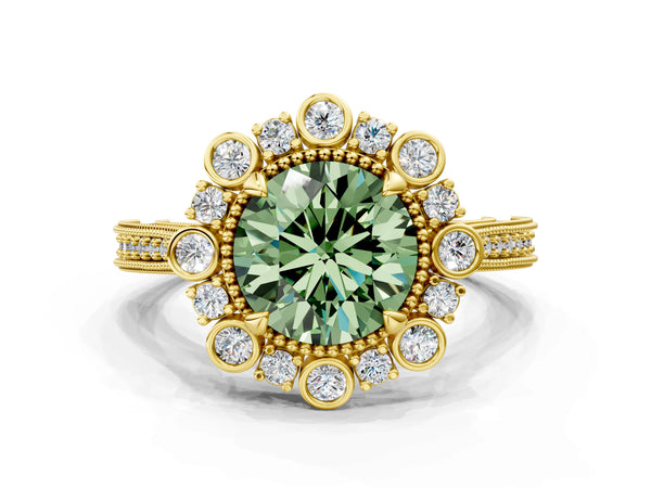 Yellow gold Fancy Green Round  Halo Milgrain Pave Diamond Ring with Four-Prong Setting