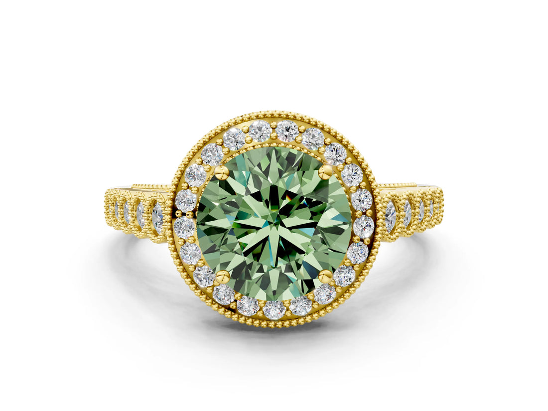 Yellow gold Fancy Green Round  Halo Milgrain Solitaire with Bezel Set Side Stones and Pave Band_32