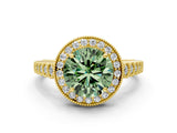 Yellow gold Fancy Green Round  Halo Milgrain Solitaire with Bezel Set Side Stones and Pave Band_32