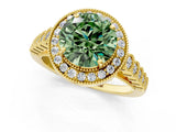 Yellow gold Fancy Green Round  Halo Milgrain Solitaire with Bezel Set Side Stones and Pave Band_33