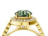 Yellow gold Fancy Green Round  Halo Milgrain Solitaire with Bezel Set Side Stones and Pave Band_36