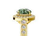 Yellow gold Fancy Green Round  Halo Milgrain Solitaire with Bezel Set Side Stones and Pave Band_37