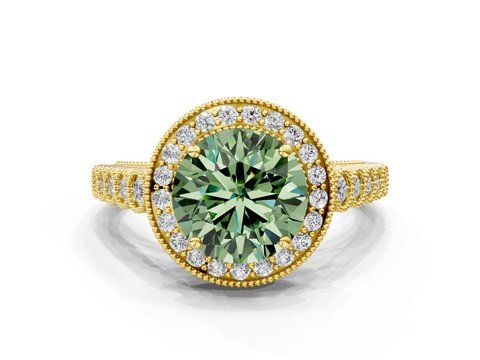 Yellow gold Fancy Green Round  Halo Milgrain Solitaire with Bezel Set Side Stones and Pave Band_3