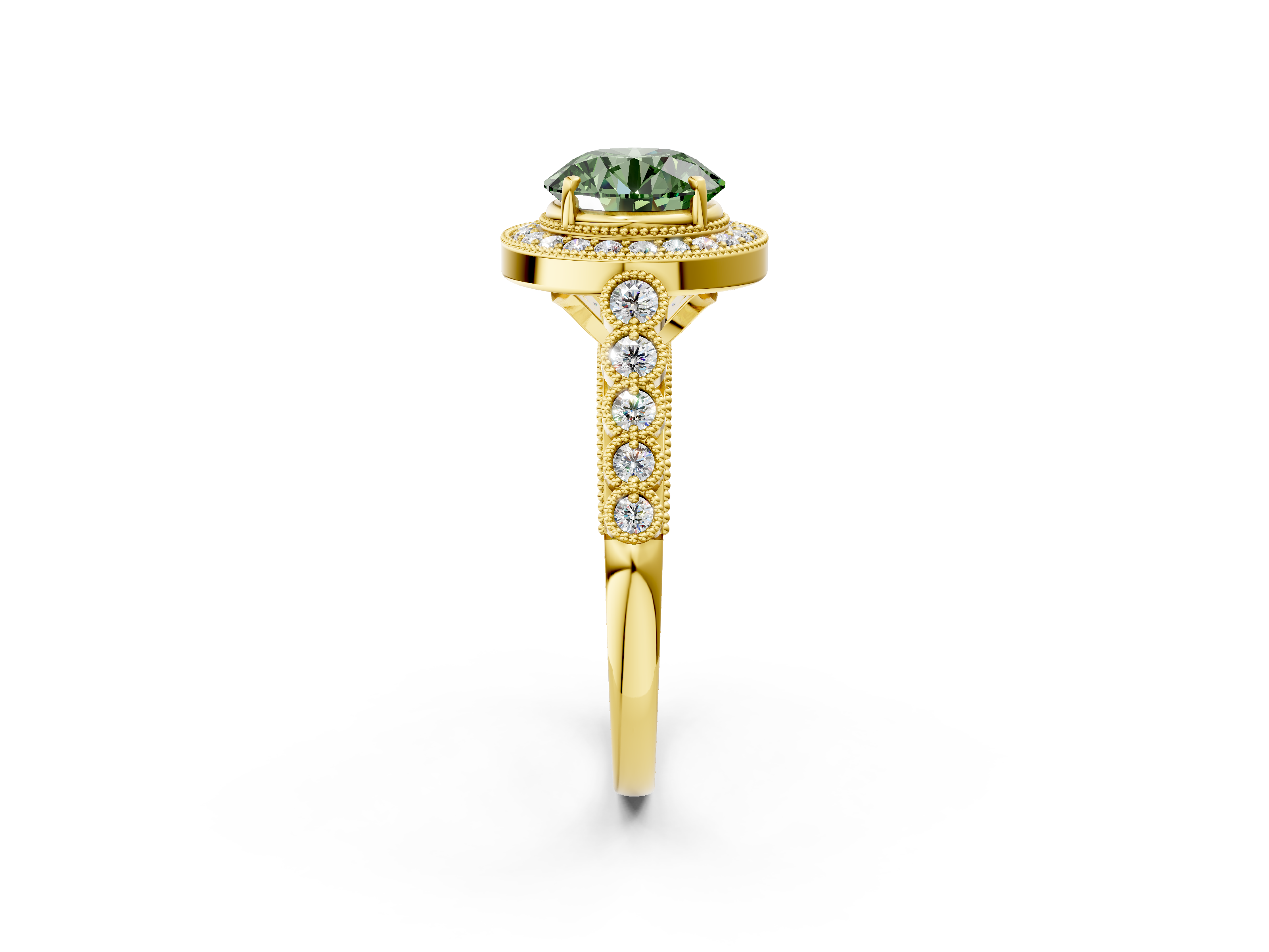 Yellow gold Fancy Green Round  Halo Milgrain Solitaire with Bezel Set Side Stones and Pave Band_5