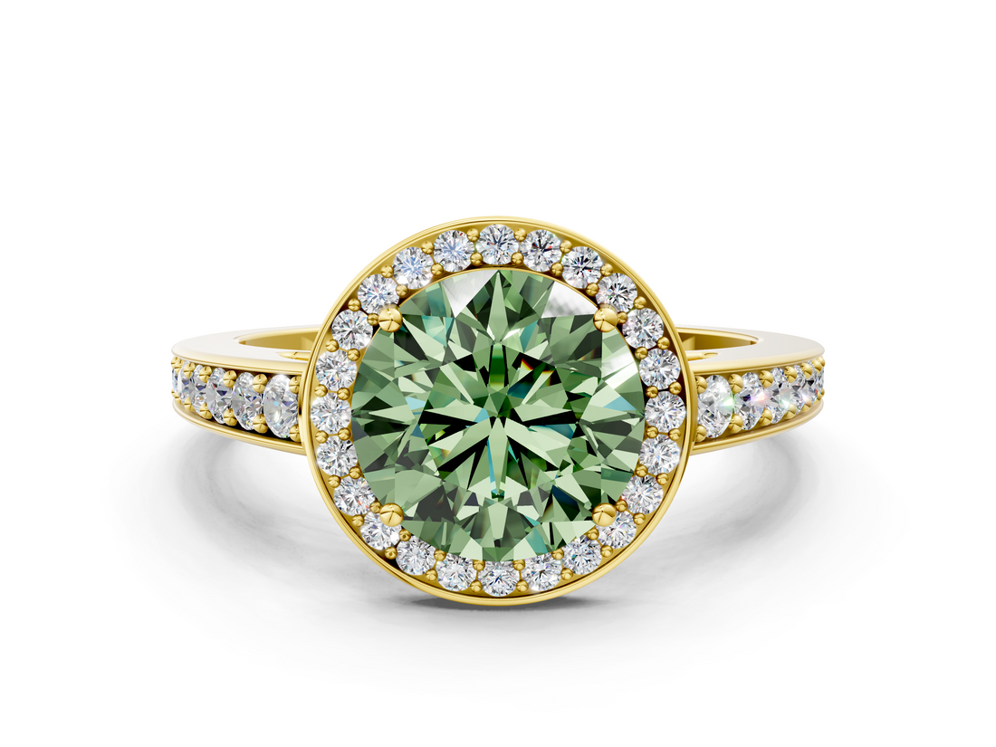 Yellow gold Fancy Green Round  Halo Pavé Diamond Engagement Ring with Bezel Setting_20