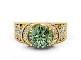 Yellow gold Fancy Green Round  Halo Pave Diamond Engagement Ring with Milgrain Detailing_49