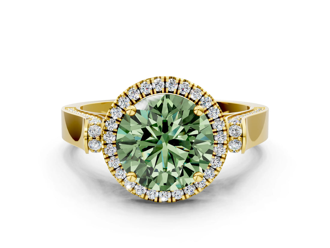 Yellow gold Fancy Green Round  Halo Pave Split Shank Prong Setting Ring_39