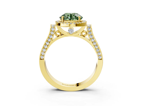 Yellow gold Fancy Green Round  Halo Pave Split Shank Prong Setting Ring