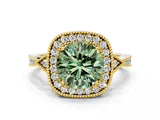 Yellow gold Fancy Green Round  Halo Round Diamond Milgrain Pave Engagement Ring_3