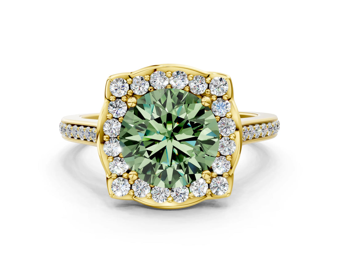 Yellow gold Fancy Green Round  Halo Round Diamond Pave Band with Four-Prong Setting_39