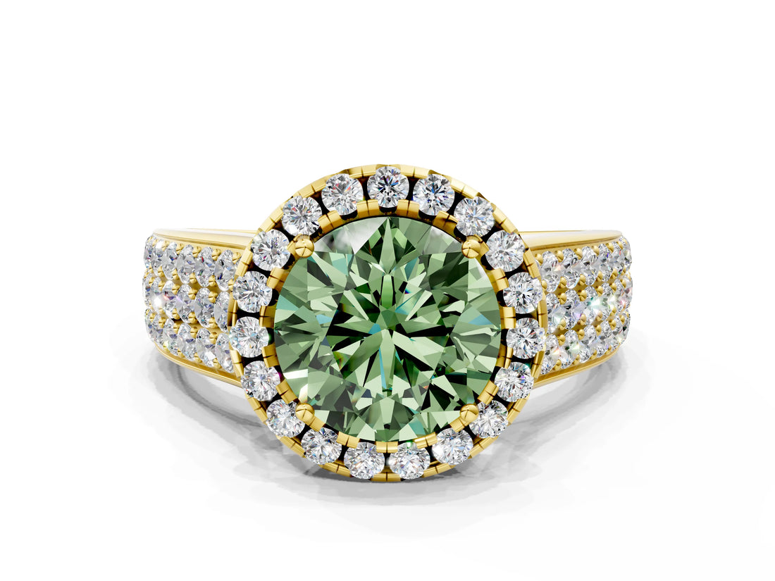 Yellow gold Fancy Green Round  Halo Round Diamond Pave Band with Prong Setting