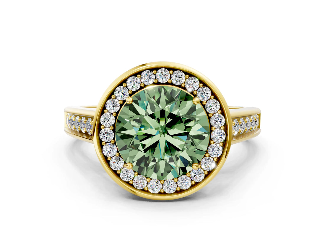 Yellow gold Fancy Green Round  Halo Solitaire Diamond Ring with Pave Band and Bezel Setting_48
