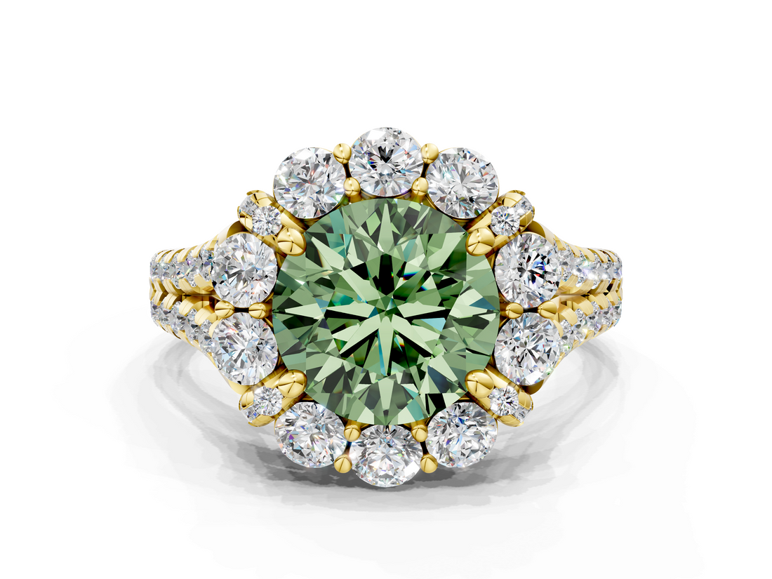 Yellow gold Fancy Green Round  Halo Split Shank Diamond Engagement Ring with Pave Band and Four-Prong Setting_54