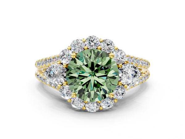 Yellow gold Fancy Green Round  Halo Split Shank Diamond Engagement Ring with Prong Setting