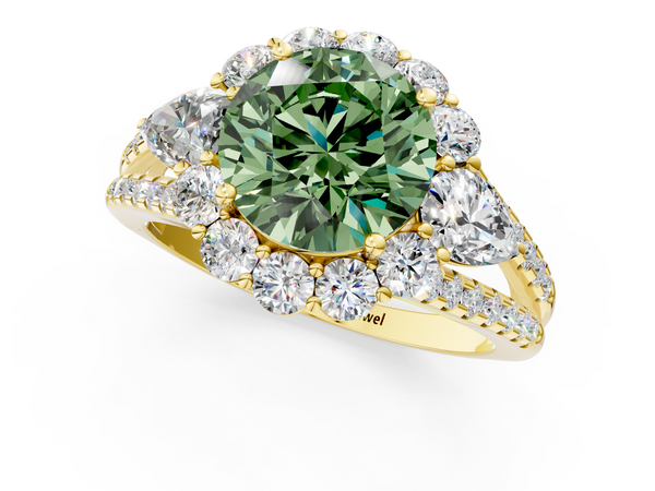 Yellow gold Fancy Green Round  Halo Split Shank Diamond Engagement Ring with Prong Setting