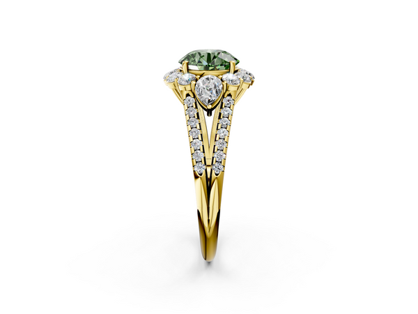 Yellow gold Fancy Green Round  Halo Split Shank Diamond Engagement Ring with Prong Setting