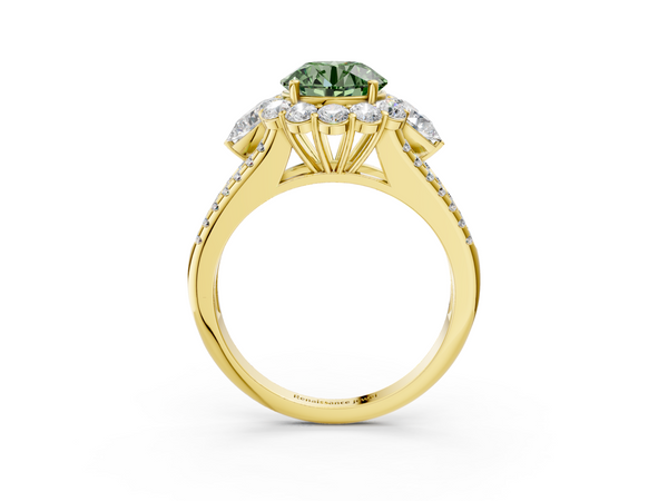 Yellow gold Fancy Green Round  Halo Split Shank Diamond Engagement Ring with Prong Setting