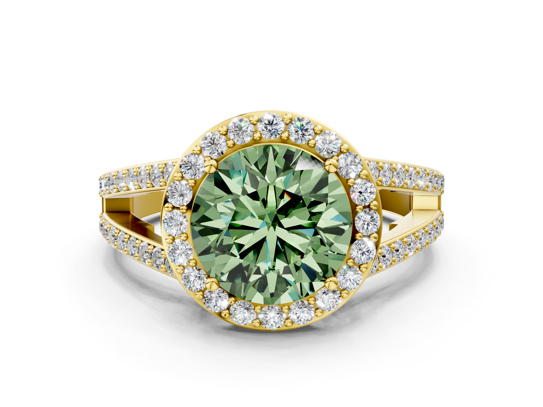 Yellow gold Fancy Green Round  Halo Split Shank Diamond Ring with Four-Prong Setting_32
