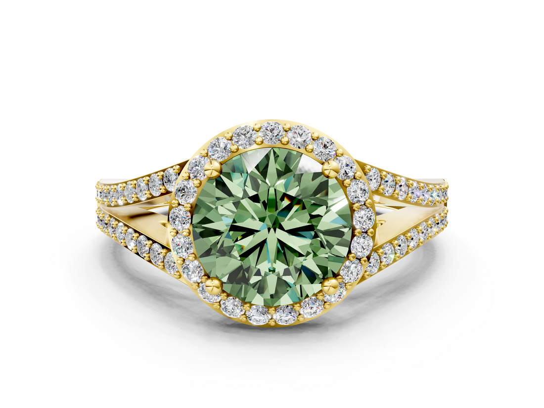 Yellow gold Fancy Green Round  Halo Split Shank Diamond Ring with Prong Setting_20