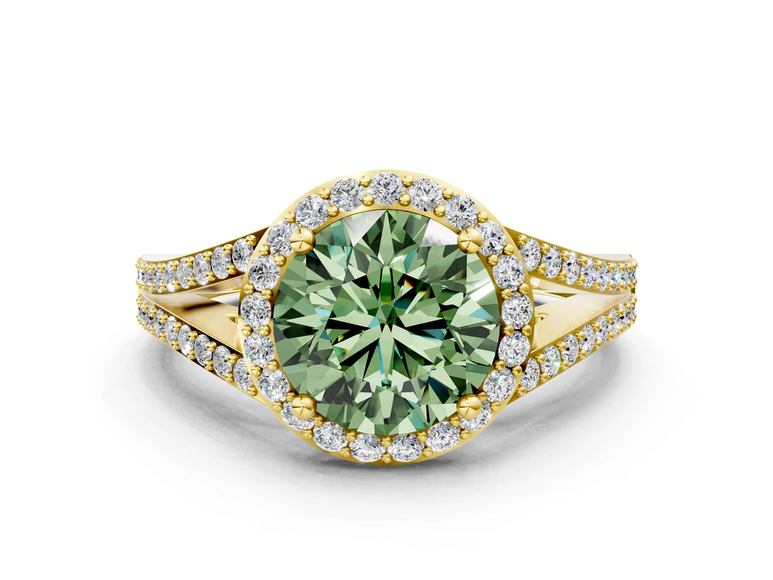 Yellow gold Fancy Green Round  Halo Split Shank Pave Diamond Ring with Four-Prong Setting_48