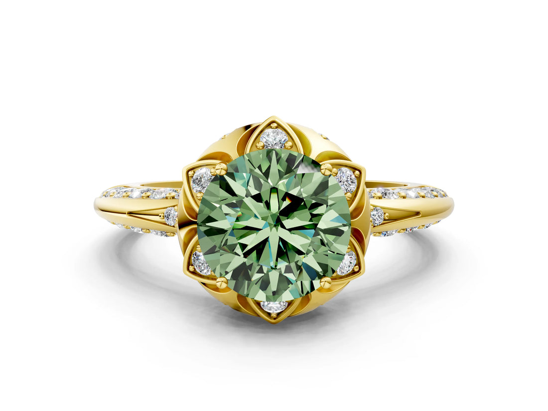 Yellow gold Fancy Green Round  Halo Split Shank Pave Diamond Ring with Petal Prong Setting_20