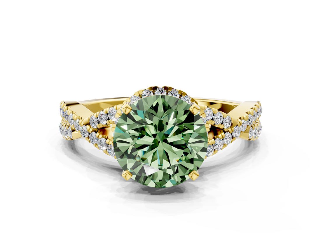 Yellow gold Fancy Green Round  Halo Twist Band Solitaire Prong Setting Ring_79