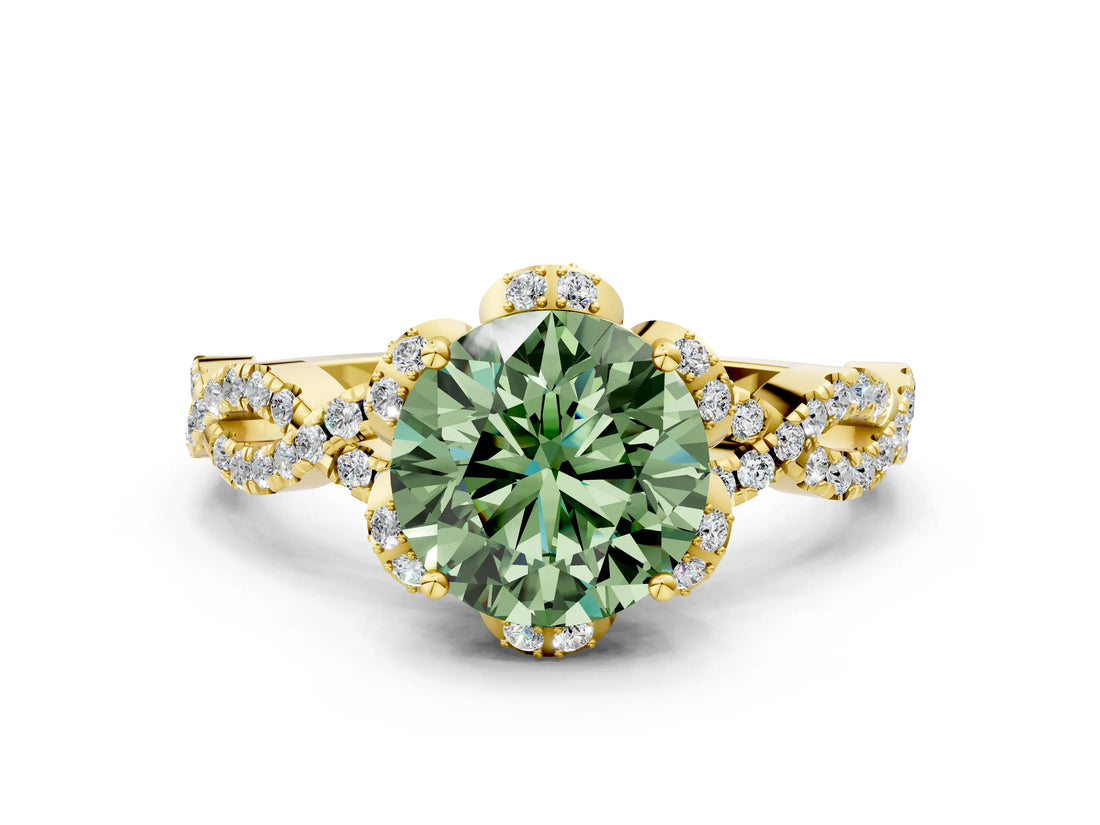 Yellow gold Fancy Green Round  Halo Twist Band Solitaire Ring with Six-Prong Setting_3