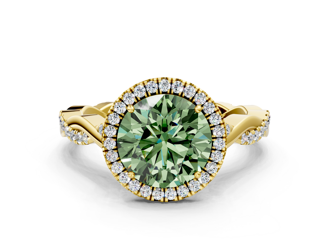 Yellow gold Fancy Green Round  Halo Twist Band Solitaire Ring_20