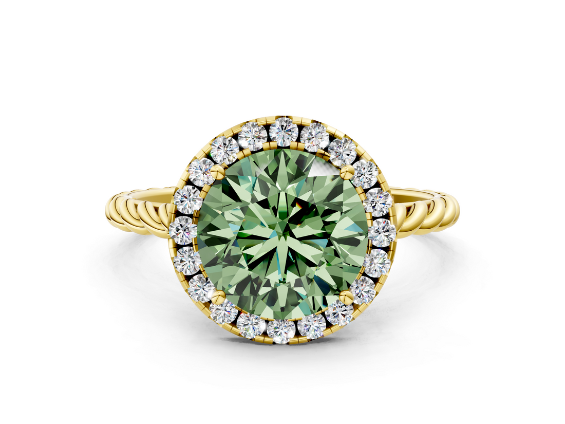 Yellow gold Fancy Green Round  Halo Twisted Band Four-Prong Diamond Ring_20