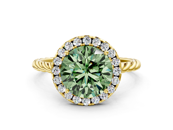 Yellow gold Fancy Green Round  Halo Twisted Band Four-Prong Diamond Ring