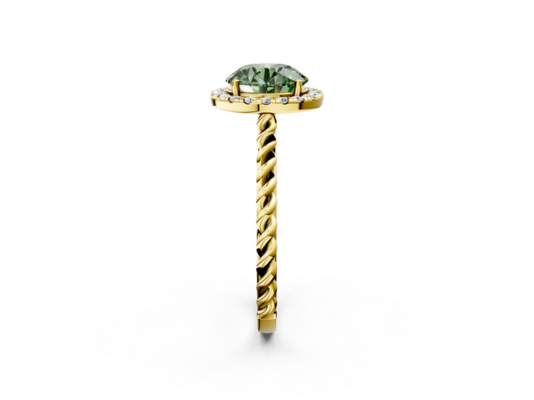 Yellow gold Fancy Green Round  Halo Twisted Band Four-Prong Diamond Ring