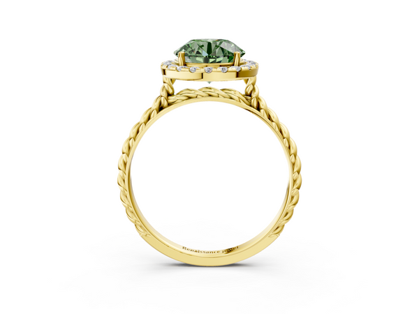 Yellow gold Fancy Green Round  Halo Twisted Band Four-Prong Diamond Ring